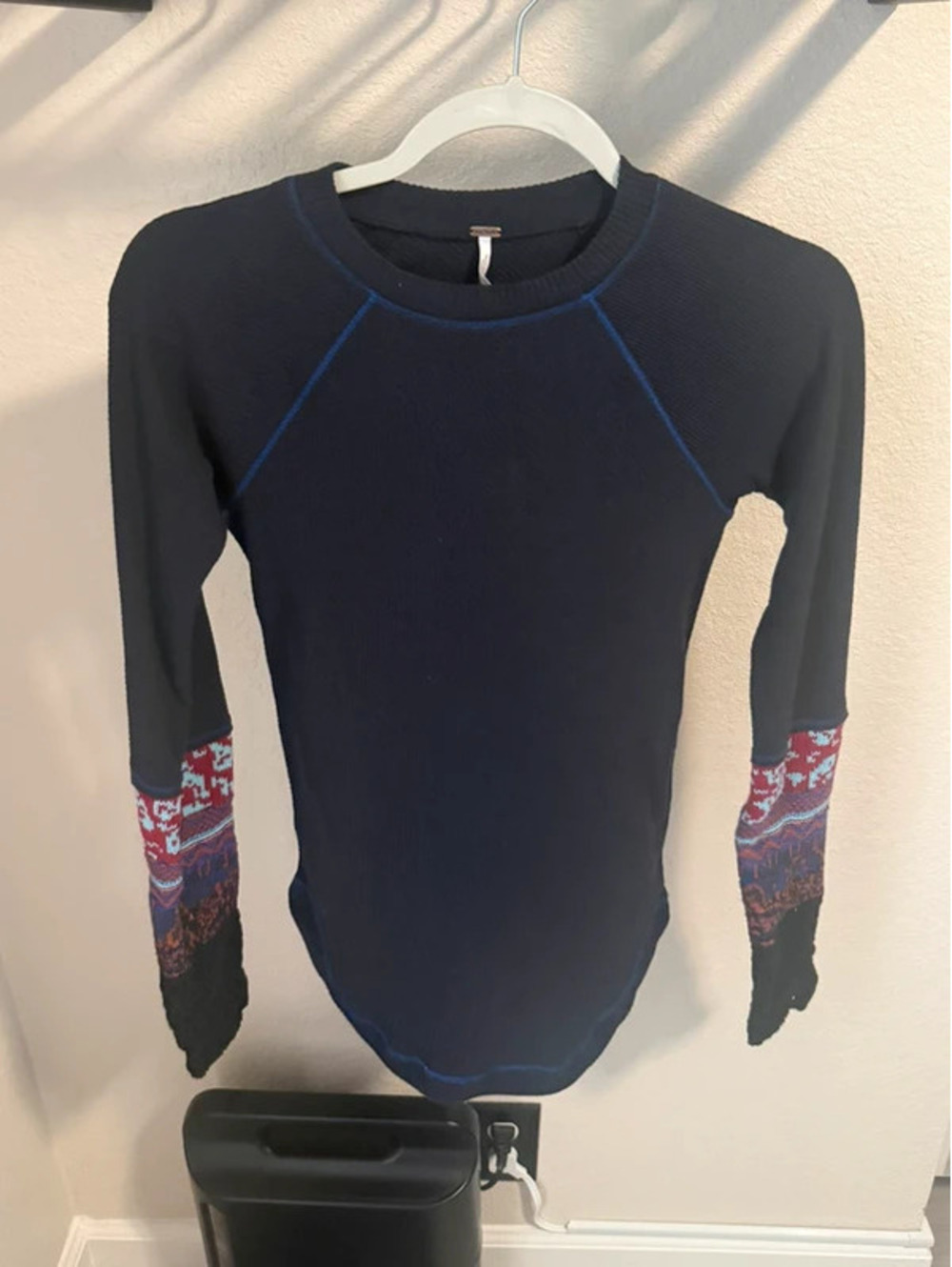 Free People We The Free Highland Thermal Top Navy Blue Fair Isle Sleeve - Size S